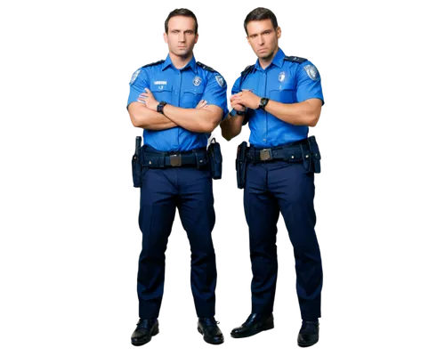 Policeman, handsome, strong facial features, serious expression, short black hair, blue police uniform, silver badge, handcuffs, belt with gun holster, muscular arms, standing with legs apart, confide