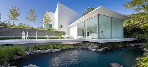 Diseño exterior de una casa moderna estilo minimalista combinando muros de color blanco con muros de tabique aparente, herrería de aluminio con cristal, fotografía hiperrealista, fotografía arquitectó