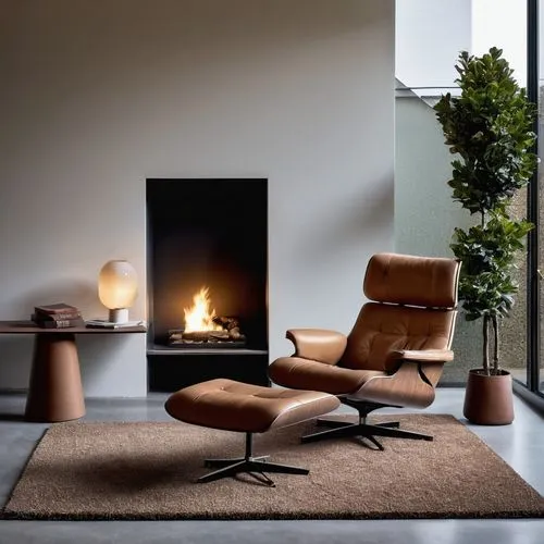 un interno rilassante, un angolo relax con legno e piante, dai colori caldi e accoglienti che evocano relax in un fine settimana d'autunno
,a modern living room with a big fire place,ekornes,vitra,min