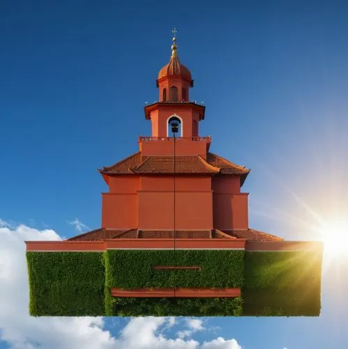 there is a big picture of an architecture with green grass,cupola,cupolas,red roof,church bell,roof landscape,church faith,Art,Artistic Painting,Artistic Painting 43