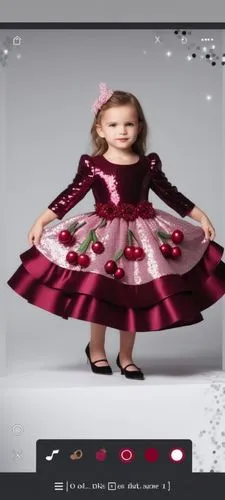 3d drawing of sequin satin dress with dark burgundy cherries with three layers kalosh 
First layer is sequin pink with  dark sequins burgundy cherries and silver sequin lines with cherry .
With belt w