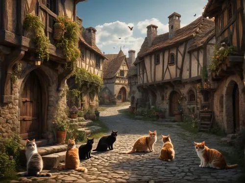 medieval street,medieval town,fantasy picture,cat pageant,cat european,mews,Photography,General,Fantasy