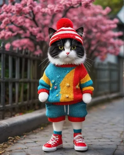 Calico cat, cat standing and posing on the street, wearing a striped shirt and sneakers, in pop art style, light red and yellow, knitted and crocheted style, wearing a colorful sweater, shorts, and ha