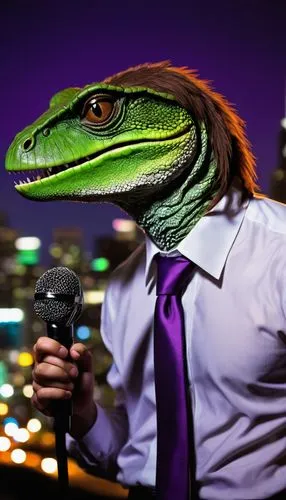 Philosoraptor meme, green scaly skin, sharp teeth, fierce eyes, messy brown hair, wearing a white shirt with a purple tie, holding a microphone, standing in front of a city skyline at night, bright st