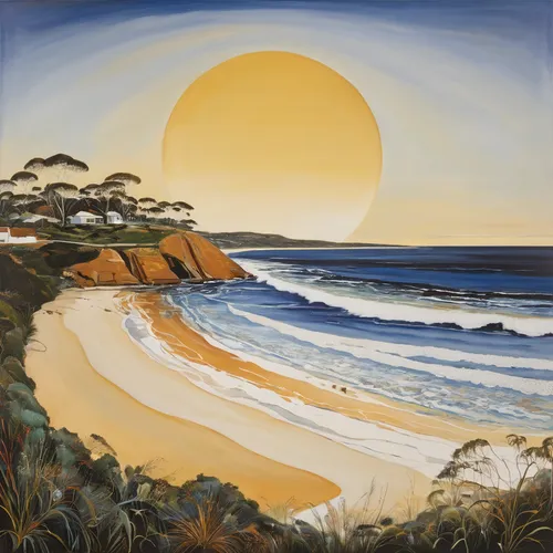 beach landscape,coastal landscape,sunrise beach,sunset beach,landscape with sea,golden sands,carol colman,new south wales,mona vale,la perouse,dune landscape,maroubra,carbis bay,sand coast,sea beach-marigold,cliff beach,sea landscape,orange bay,coast sunset,seascape,Illustration,Retro,Retro 21