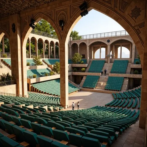 Grandiose Romanesque stadium, ornate archways, intricate stone carvings, vibrant turquoise seats, curved rows of seating, luxurious velvet upholstery, golden accents, regal atmosphere, dramatic spotli