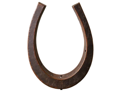 Rustic horseshoe, metal material, curved shape, pointed ends, nail holes, worn-out surface, brown patina, solitary, 3/4 composition, low-angle shot, dramatic lighting, shallow depth of field, warm col