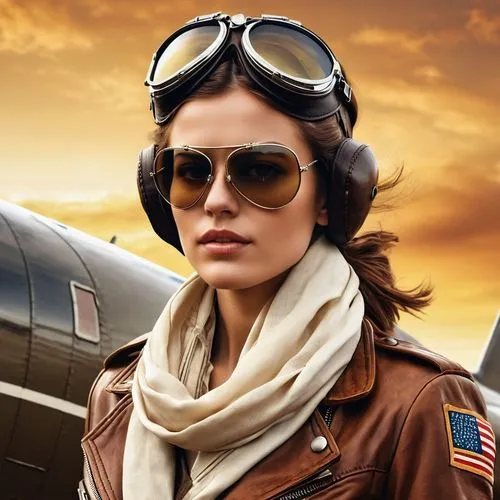 A captivating vintage-inspired poster featuring a fearless female aviator. She is dressed in a classic leather jacket, aviator goggles, and a cascading scarf, exuding rebellion and independence. The b