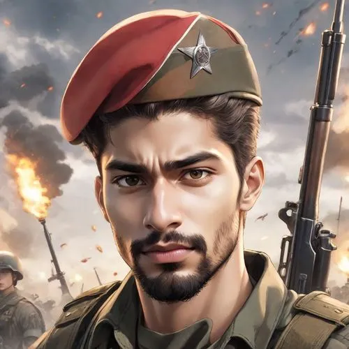 the character is looking at the camera while standing near guns,koreshkov,twitch icon,malik,suheil,hasan,belkacem