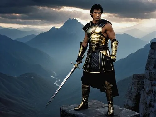 Tarnis, mysterious warrior, muscular male, solo, (35yo), rugged facial features, scar above left eyebrow, short black hair, golden armor, silver trim, leather gloves, broadsword, standing, heroic pose