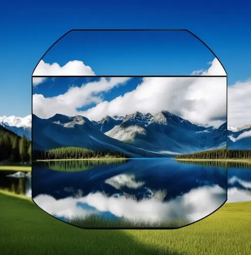 a frame with an image of a mountain lake surrounded by trees,cloud shape frame,mirror in the meadow,cube background,windows icon,miroir,icon magnifying,Photography,General,Realistic