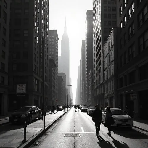 monochromatic art by H. R. (Hans Ruedi) Giger and Orazio Gentileschi, A low-angle view of a geometric cityscape seen from the vantage point of a person on the street level facing the left side of the 