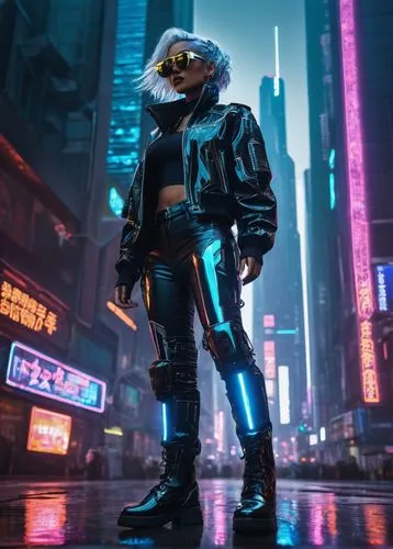 Futuristic chipman, cyberpunk architecture, neon lights, sleek metal surfaces, high-tech gadgets, robotic arms, glowing blue circuits, motherboard patterns on skin, silver hair, futuristic sunglasses,