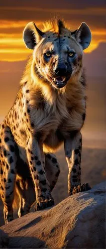 Hyena-lion hybrid, male, muscular, powerful, majestic, sharp teeth, pointed ears, golden fur with dark spots, piercing yellow eyes, strong claws, standing on a rocky cliff, savannah, sunset, warm ligh