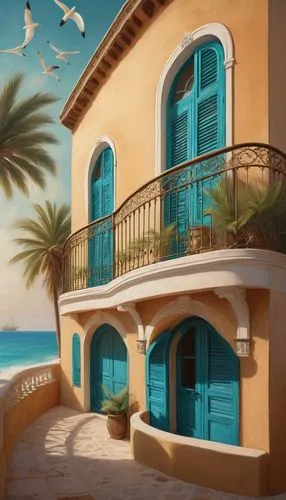 seaside resort,world digital painting,exterior decoration,house painting,beachfront,mediterranean,windows wallpaper,facade painting,palizzi,oceanfront,montalbano,art painting,italian painter,stucco,riad,tropical house,curacao,photo painting,seaside view,window with shutters,Illustration,Abstract Fantasy,Abstract Fantasy 15