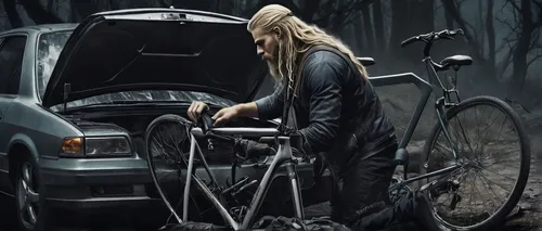 Bearded blond male with long hair puts fixed bicycle in the car's trunk.,bicycle mechanic,woman bicycle,bicycle clothing,parked bike,girl with a wheel,girl and car,biker,mercedes-benz vito,breakdown v