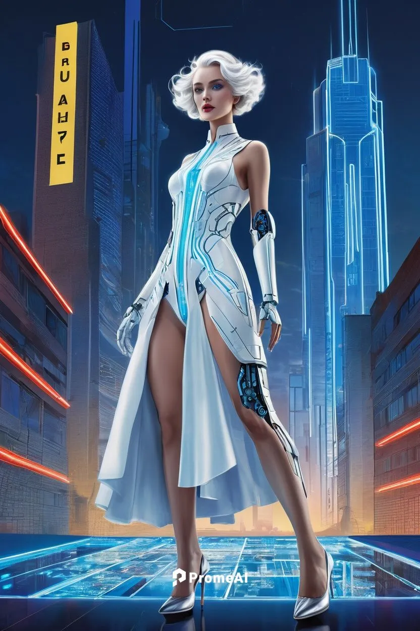 Dali AI, futuristic robot, female, silver hair, blue eyes, glowing irises, metallic skin, intricate circuits, LED lights, mechanical limbs, flowing white dress, high heels, standing, cityscape, neon l