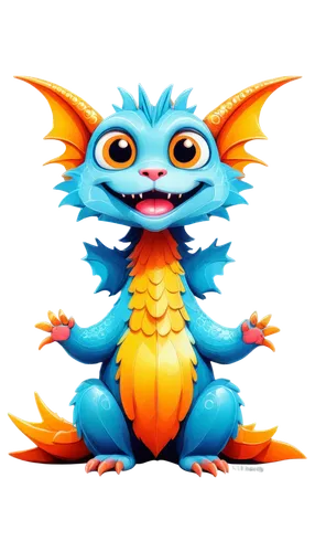 Dragon, doodle art, cute, whimsical, white belly, orange scales, fluffy claws, big eyes, smiling face, sitting pose, front view, colorful, vibrant, playful, soft lighting, cartoonish style, bold lines