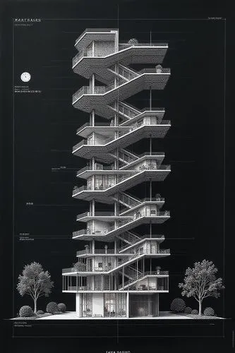 architectural section cut diagram of parametric tower with spiral staircase, complex interior spaces and balconies, black background, architectural drawing in the style of Zaha Hadid, with detailed no