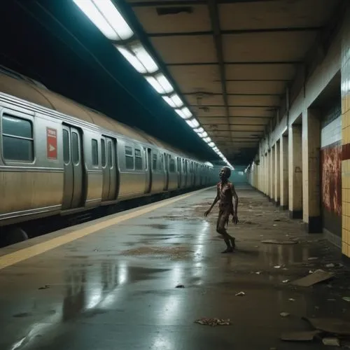 廢棄的地鐵站，有個殭屍在遠方衝過來,there is a zombie walking down the platform by a train,metro station,the girl at the station,subway station,girl walking away,train platform,dicorcia,Photography,General,Realistic