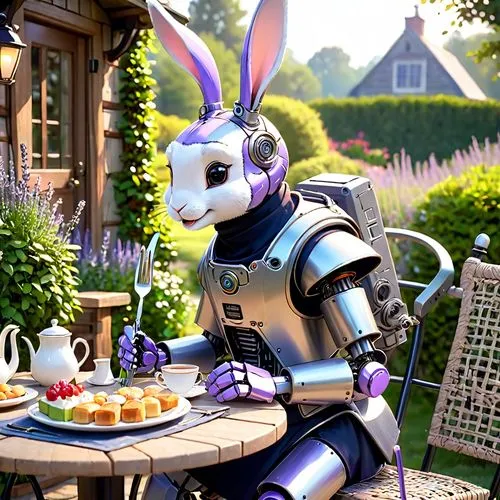 tea party, multiple robots, female robot, robot body, all-metallic skin, all-metallic exterior, anthropomorphic rabbit, female rabbit, rabbit face, rabbit tail,  metal tail, animal head, visible metal