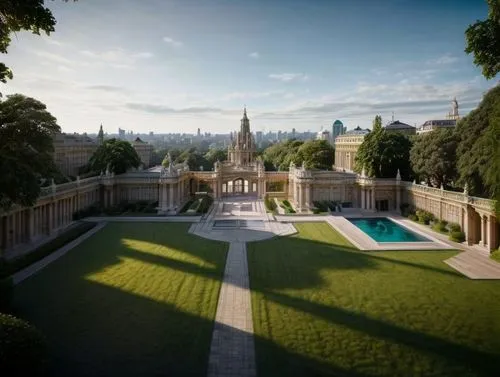 Bird's eye view. The intricate network of interconnected lines and structures extends beyond the city. A secluded courtyard with iconic pedestals and figures rises against the backdrop of a lush garde