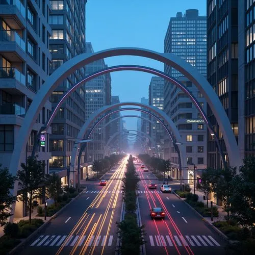 Futuristic bridge, sleek metal arches, LED strip lights, neon accents, glowing lanes, iridescent colors, misty atmospheric effects, foggy nights, cityscape backgrounds, modern urban landscapes, toweri