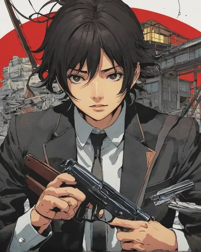 holding a gun,spy visual,gun,air pistol,ren,spy,handgun,yukio,gunkanjima,pointing gun,detective,m16,agent 13,hashima,kalashnikov,main character,screw gun,detective conan,rifle,hong,Illustration,Japanese style,Japanese Style 10