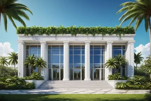 Modern hoa architectural building, grand entrance, symmetrical facade, white marble columns, large glass windows, intricately designed roof, lush greenery surrounding, tropical plants, palm trees, bri