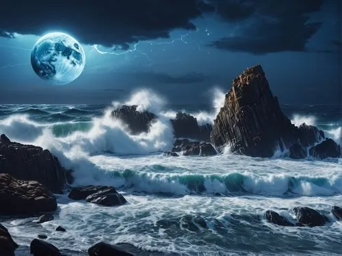 blue moon,moonlit night,sea night,blue planet,ocean background,moonlit,Photography,General,Realistic