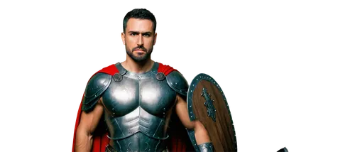 Historical figure, ancient warrior, muscular man, helmet, armor, sword, shield, Roman Empire, medieval era, serious facial expression, strong jawline, detailed beard, mustache, intense gaze, standing 