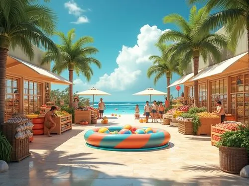 Beach themed grocery store, sunny day, bright blue sky, white puffy clouds, palm trees lining the aisles, sandy floor, wicker baskets, surfboard-shaped shelves, seashell-patterned tiles, tropical frui