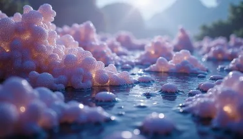 biofilm,acid lake,fairy forest,cinema 4d,mushroom landscape,microworlds,fairy world,voxels,volumetric,3d render,fractal environment,water scape,crystalize,alien world,swampy landscape,3d fantasy,waterscape,crystallization,geysers,moss landscape