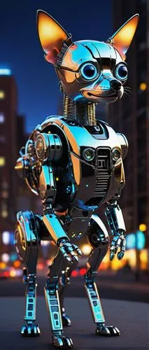 Robot Chihuahua, shiny metallic body, small size, robot ears, glowing blue eyes, mechanical tail wagging, standing on hind legs, front paws together, robotic limbs, intricate circuitry details, chrome