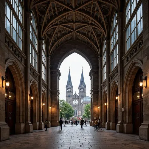 Intricate stone carvings, pointed arches, ribbed vaults, flying buttresses, grand entrance halls, ornate wooden doors, stained glass windows, dramatic verticality, richly textured walls, majestic cloc