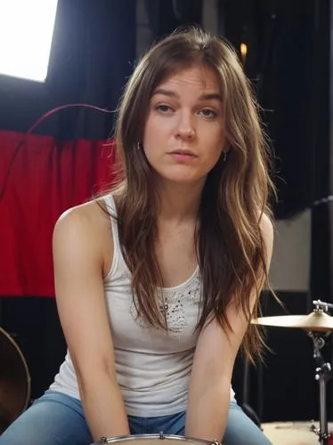 A great female drummer.,a  with a musical instrument sits in front of a drum kit,maddi,daya,benoist,rbf,stephie,arms crossed,Photography,Documentary Photography,Documentary Photography 14