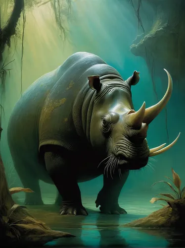 Create a suspenseful scene in which a potamochoerus porcus investigates a mysterious disappearance.,black rhinoceros,rhinoceros,black rhino,rhino,hippopotamus,indian rhinoceros,water buffalo,southern 