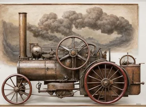 A fascinating minimalist primitive painting embodying the spirit of regionalism, depicting a side view of an antique late 19th century JI CASE steam tractor. This piece of art masterfully combines mix