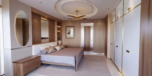 Bedroom with modern interior, decorative modern false ceiling, 4 door wardrobes opposite bed, wall art with lights and the door facing the camera leading into the bathroom and another next to the ward