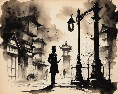 gas lamp,watercolor paris,street lantern,ink painting,gaslight,street lamps,Illustration,Paper based,Paper Based 30