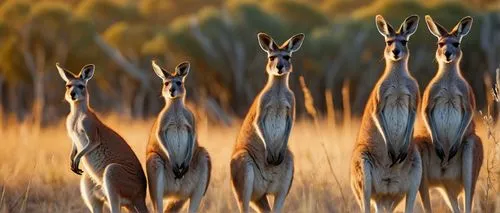 A group of kangaroos, sunset savannah, Australian outback, warm golden light, tall grasses swaying gently, few trees scattered in the distance, blue sky with a few puffy white clouds, detailed fur tex