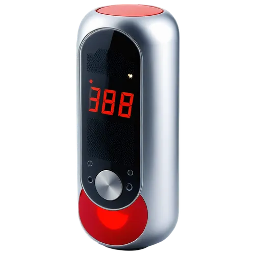 Warning alarm, loud sound, flashing red light, metallic material, cylindrical shape, sleek design, silver body, black buttons, LED screen, digital display, battery-powered, handheld device, close-up s