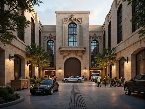 Romanesque distribution center, rustic stone fa\u00e7ade, arched windows, ornate carvings, grand entrance, loading docks, cargo containers, modern logistics equipment, sleek metal accents, earthy colo