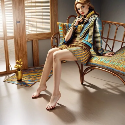 chaise lounge,woman sitting,chaise,upholstery,sitting on a chair,rocking chair,chaise longue,deck chair,window treatment,deckchair,brown fabric,woven fabric,armchair,legs crossed,women fashion,menswear for women,girl sitting,wooden shutters,female model,harpist