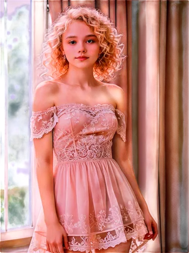 blonde in wedding dress,lily-rose melody depp,vintage angel,celtic woman,enchanting,fae,quinceañera,see-through clothing,little girl in pink dress,frilly,light pink,pixie,doll dress,peach color,beautiful young woman,bridal clothing,romantic look,pink beauty,tulle,a girl in a dress,Illustration,Japanese style,Japanese Style 06