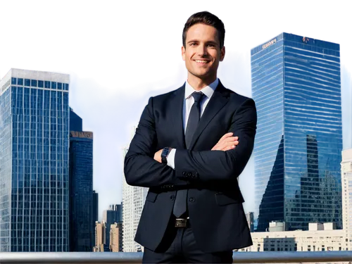 Motivational image, successful businessman, 30s, confident smile, sharp jawline, black suit, white shirt, tie, briefcase, standing, arms crossed, cityscape background, skyscraper, morning sunlight, ci