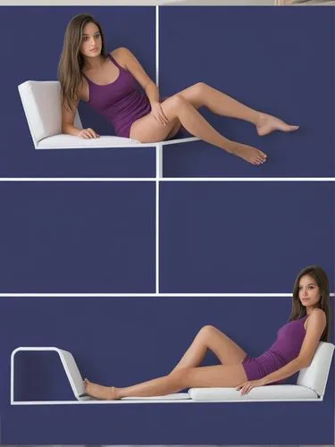 Create a body study of this girl in the style of a comic page with 4 pictures: 1. (left) close-up, 2. sitting, 3. standing (right) and 4. (below) lying on a chaise longue.,a woman sitting on top of a 