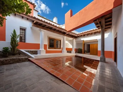 DISEÑO DE UNA CASA ESTILO MEXICANO MODERNO, CON UN CLAUSTRO CONFORMADO POR UNA TERRAZA  A BASE DE VIGAS DE MADERA, TEJA, COLUMNAS REDONDAS, EN EL CENTRO UN ESPEJO DE AGUA, CON EL ESTILO DE LA ARQUITEC