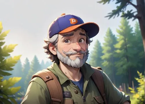 A 50 year old man, he is a forester, he is wearing an orange cap with a logo on it, his beard is greay and chesnuts colored, he is wearing forester clothes green and brown colored, he has a few rickle