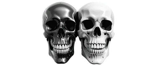 Skull, clip-art, black and white, detailed bones, empty eye sockets, toothy grin, ornate design, metallic material, glossy texture, symmetrical composition, high contrast lighting, 3D-like shading, dr